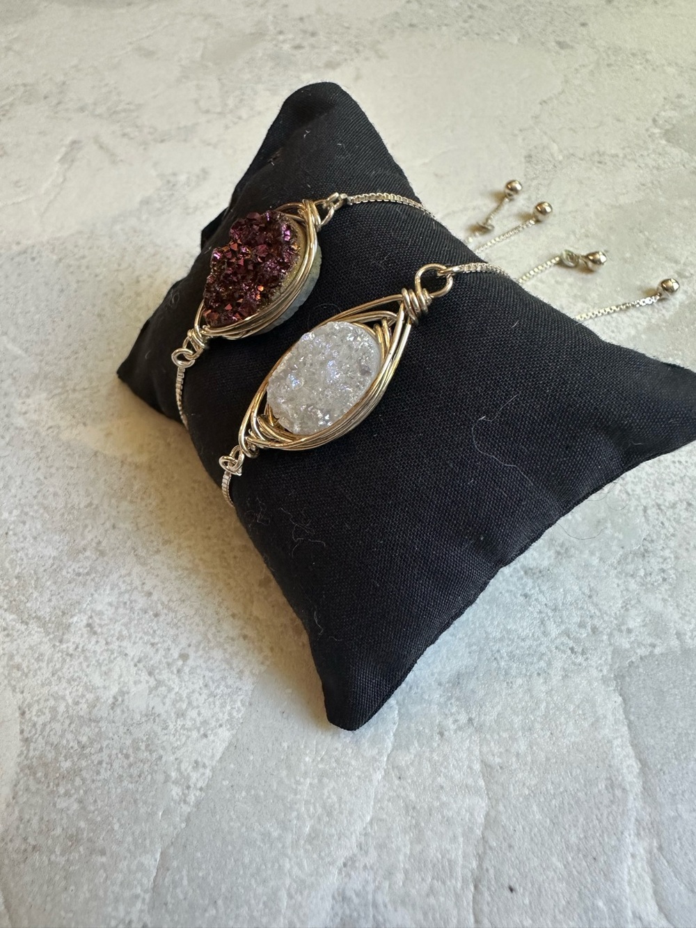 Druzy Gemstone Bracelet Bundle Set of 2 Sterling Silver Handmade Adjustable - Picture 3 of 9